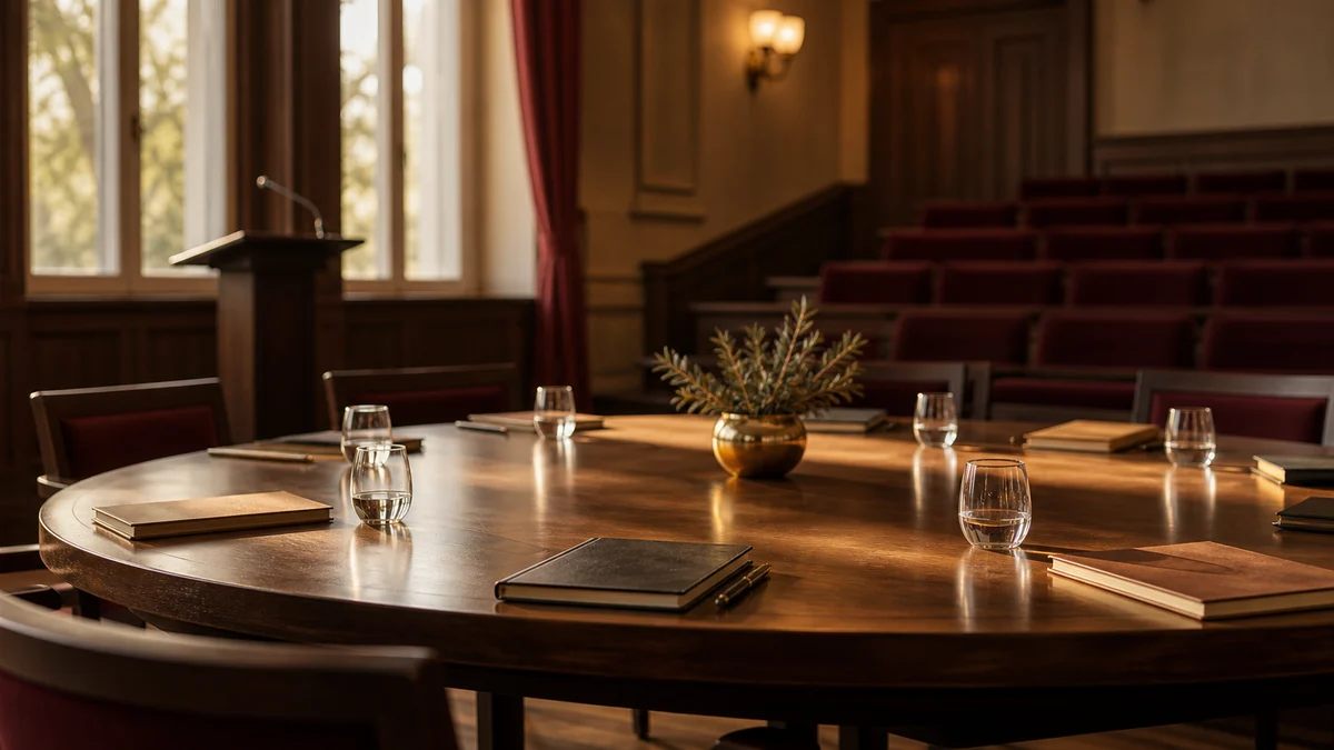 Runder Tisch mit Notizbüchern und Wassergläsern in einem Hörsaal mit warmem Licht — Symbolbild für die wissenschaftliche Diskussionsrunde der Disputation