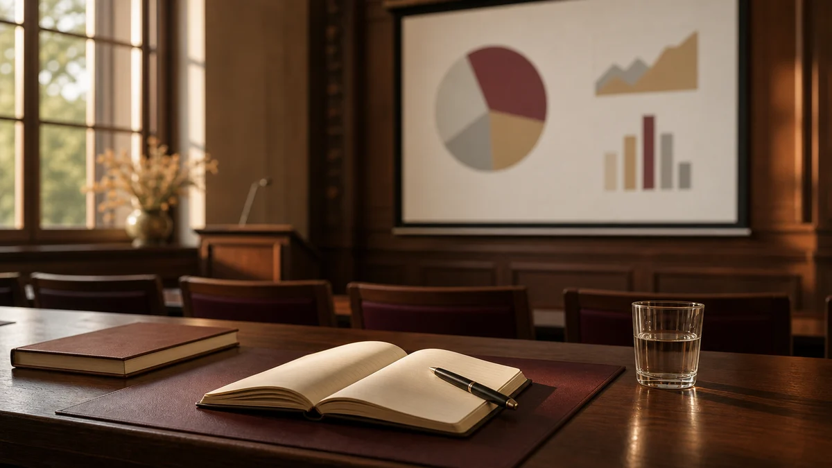 Seminarraum mit Präsentationsfläche, Kennzahlen-Charts und Notizblöcken im warmen Licht — Symbolbild für die Disputation in der Betriebswirtschaftslehre