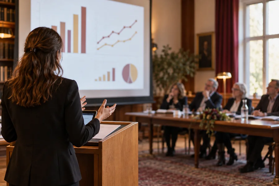 Promovierende präsentiert empirische Ergebnisse und Kennzahlen vor einem Prüfungsgremium — Symbolbild für die Diskussionsrunde einer BWL-Disputation