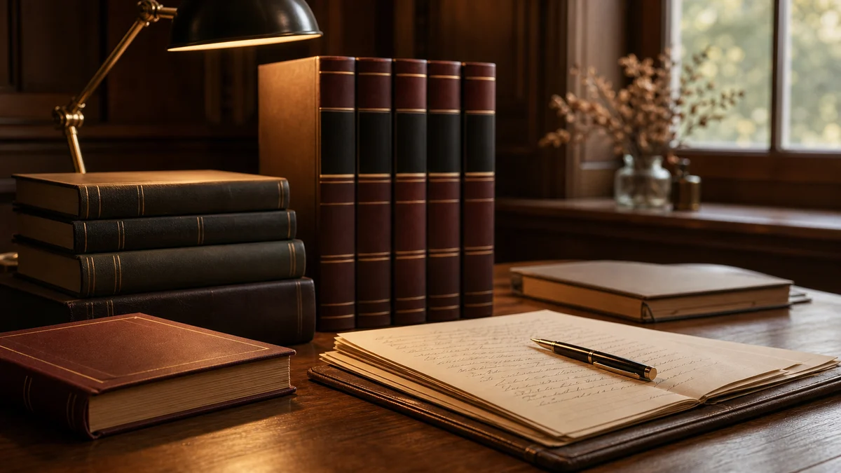Juristische Fachbücher, Gesetzestexte und Notizen auf einem Tisch in einem holzvertäfelten Raum — Symbolbild für die Vorbereitung der juristischen Disputation